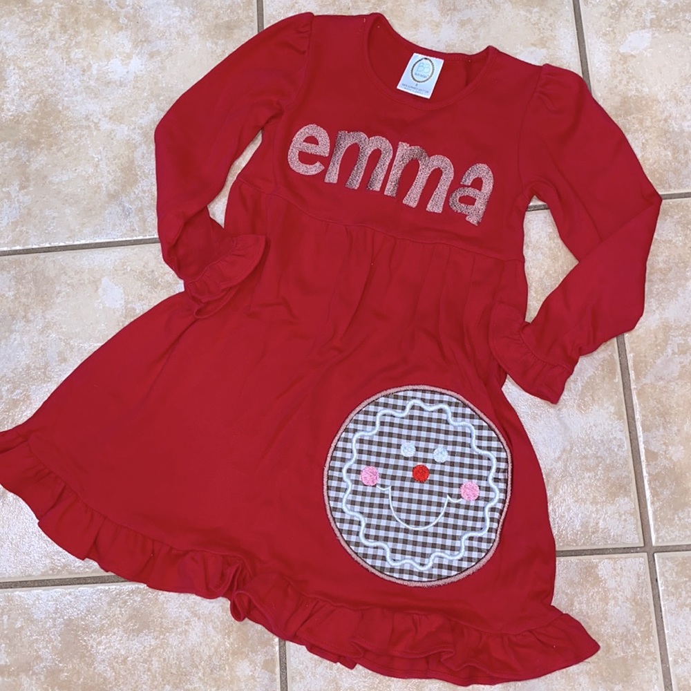 Personalized “Emma” Christmas / Gingerbread Long sleeved Dress. Girls size 8.